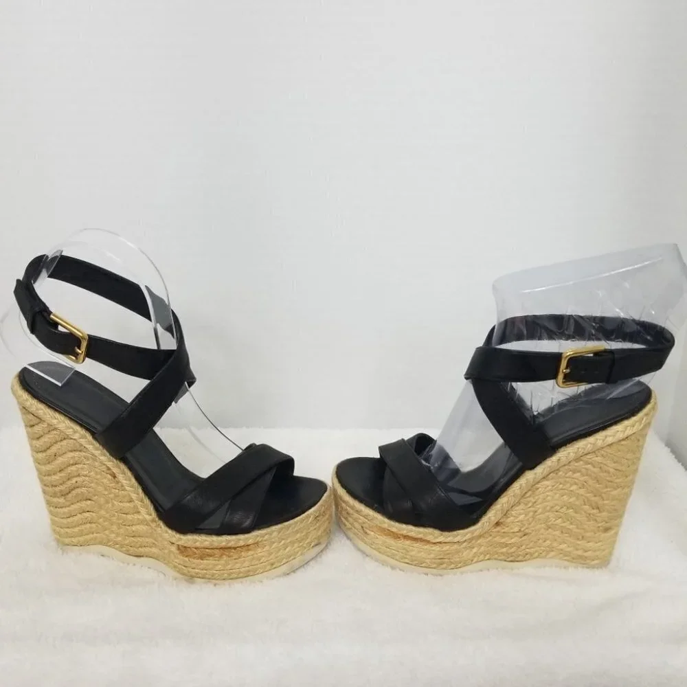 PRICE DROP-YSL Yves Saint Laurent Espadrille Wedge Black Leather Sandal